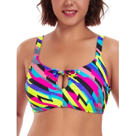 Ocean Blues Women's Retro Bikini Top with Neckline Details and Lace-Up Back Padded Swim Top, Neon Stripe, XL
