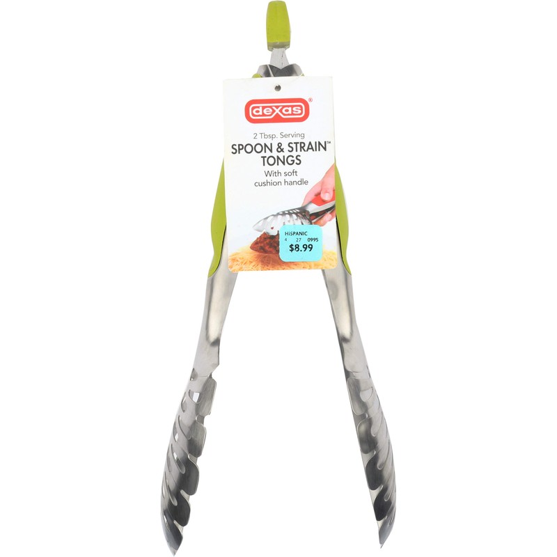 Dexas Spoon and Strain Stainless Steel Slotted Tongs, Green Handles