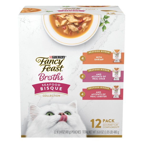 Purina Fancy Feast Broths Seafood Bisque Complement Lickable Grain Free Wet Cat Food Variety Pack - (12) 1.4 oz. Pouches