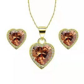 Paris Jewelry 10k Yellow Gold Heart 1Ct Created Tourmaline CZ Full Set Necklace 18 inch Plated