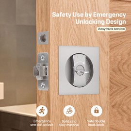 Aesytava Brushed Nickel Privacy Pocket Door Hardware, 2 3/8" Backset, Zinc Alloy Heavy Duty Square Pocket Door Lock Silver, Solid Pocket Door Handle(2 Pack)