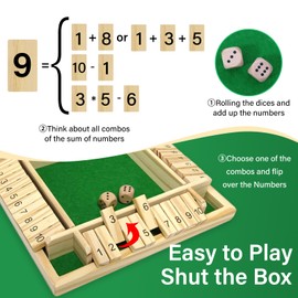 Shut the Box Game, 4 Player Wooden Board Games Classic Shut the Box Game with Dice Educational Dice Game for Kids Travel-Friendly Dice Games Fun Table Math Game Traditional Pub Dice Games for Adults