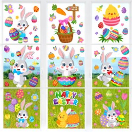 Clabby 9 Sheets Easter Window Clings 103 Pcs Happy Easter Bunny Eggs Carrot Glass Stickers Double-Side Spring Rabbit Chick Glass Decals for Spring Home Office School Party Window Door (Cute Style)