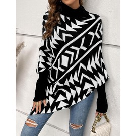 Women's Boho Asymmetric Turtleneck Sweater Fall 2024 Casual Oversized Chunky Knit Vintage Western Long Sleeve Shawl Black S