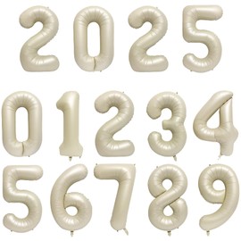 BTZO 2025 New Year Cream Number Balloons, Balloons, Birthday Numbers, Happy Birthday, Approx. 13.8 inches (35 cm), Small Size, Decoration, Anniversaries, Parties, Surprises, Anniversaries, 0-9