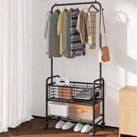 SUOERNUO Laundry Cart with Hanging Rack Rolling Laundry Hamper Sorter with Wheels Shelf,Black