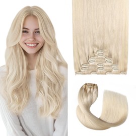 Sweetmet Pro2.0 Clip in Hair Extensions Real Human Hair 22inch 7pcs #60 Platinum Blonde Remy Real Hair Extensions Clip in Human Hair 120g Thick Double Weft（#60-22inch）