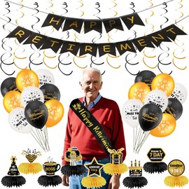 35PCS Black & Gold Retirement Party Decorations Kit – Balloons, Pull Flags, Shoulder Strap, Double Spiral Pendants & Honeycomb Decor