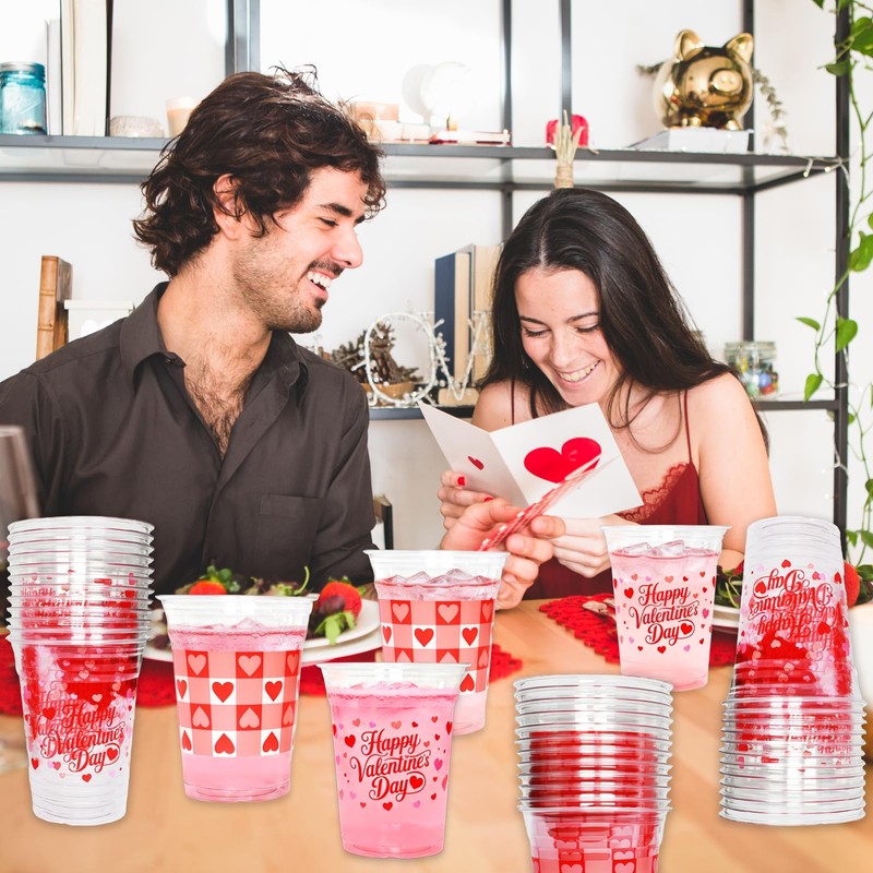 YISKUOPU 50Pcs Valentines Plastic Cups, 12oz Red Pink Valentines Day