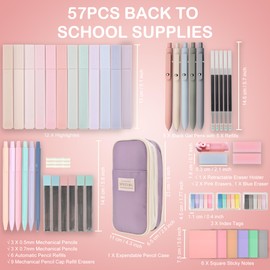 Aesthetic School Supplies with Pencil Pouch - 57 Pcs Cute College Essentials Set, Big Capacity Pen Case, Eraser Holder, Pastel Highlighters, Bible Study Journaling Stationary Kit for Girls Teens