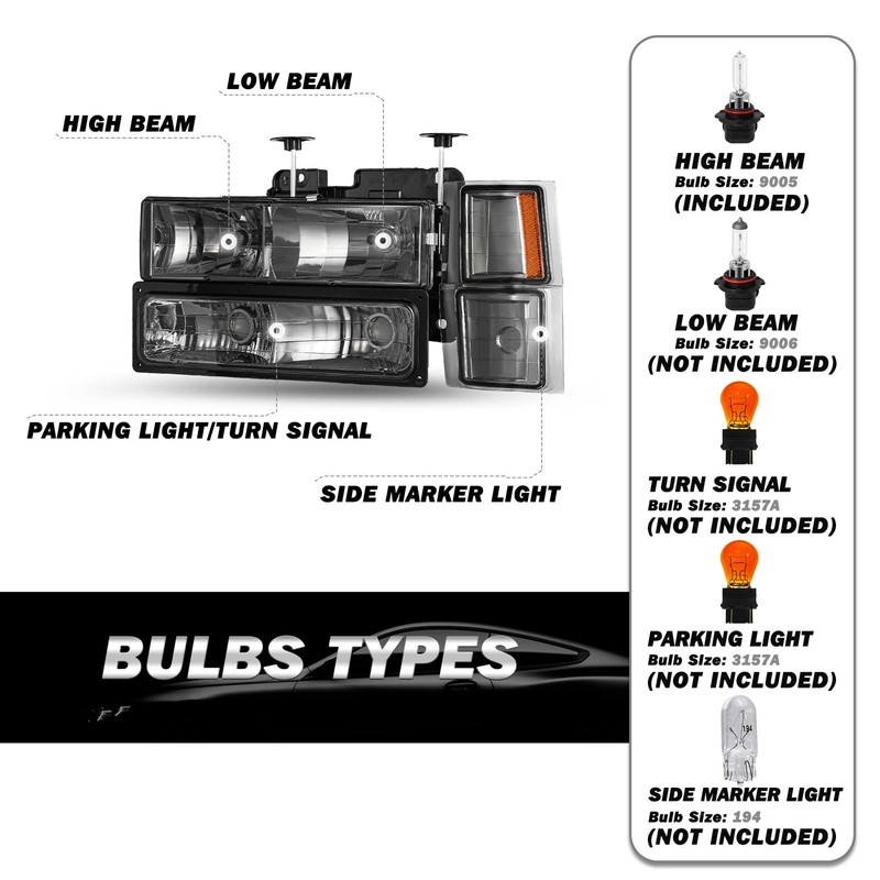 SOCKIR 8PCS Headlight Assembly for 1994-1998 Chevy Silverado C/K 1500