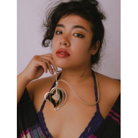 MINACHI Geometric Heart Long Necklace, Silver-Toned Hollow and Wooden Heart Pendant, Bohemian Vintage Chunky Costume Jewelry for Women