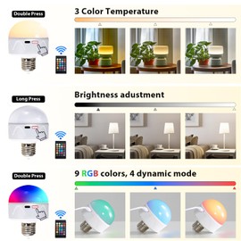 AUXRAM Pack of 2 Rechargeable LED Light Bulb with Remote, 2600mAh Battery Operated Light Bulbs with 3000K/4000K/5000K 9 RGB Colors, Emergency Bulbs for Camping, Pendant Lights, Wall Lamps