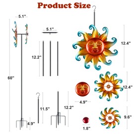 60 Inch Metal Large Wind Spinner with Garden Stake，360 Metal Swivel Outdoor Wind Sculpture,Sun Metal Windmill Decorations Gifts for Women Grandma Birthday Mothers Day