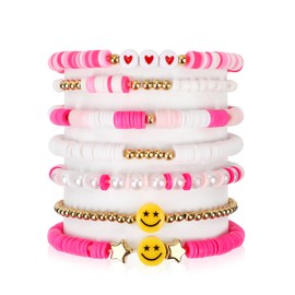 Mikovivi 7pcs Colorful Bracelets Set, Stackable Clay Bead Bracelets with Smile Heart Star Design, Elastic & Stretchable, Perfect for Women, Kids & Teens
