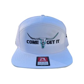 Come Get It Leather & Lights White 7 Panel Flat Bill Richardson Cap Western Punchy Bull Skull Cowboy Cowgirl Hat