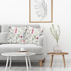 White Spring Flower Throw Pillow Cover 20x20 inch, Pink Floral Sage Green Plant Pillow Case Nature Seasonal Outdoor Decorative Square Farmhouse Cushion Pillowcover for Home Sofa Bed Couch Set of 2