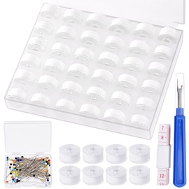 Rustark 36Pcs White Bobbins Sewing Threads Kit 60WT Size A Prewound Bobbins with Case, Sewing Pins, Measuring Tape and Sewing Seam Ripper, Polyester Thread for Hand Sewing Machine Use DIY Embroidery