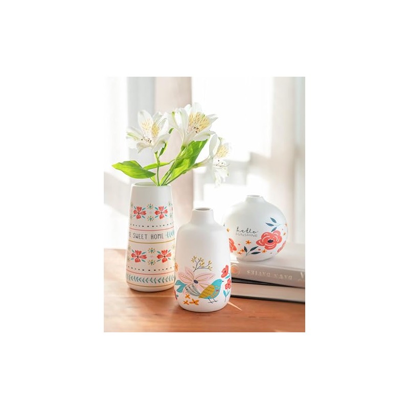 Karma, White Medium Bud Ceramic Flower Vases for Rustic Home