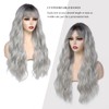 Rose bud Long Curly Wavy Ombre Silver Wig with Fringe