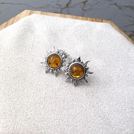 Genuine Round Baltic Amber and 925 Sterling Silver Studs Sun Stars Style Earrings - 8549 (Cognac)