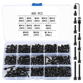 480 Pcs M3 Screws Bolts and Nuts Set, Hex Socket Head Cap Screw Bolt Nut Assortment Set, Hex Socket Cap Head Screws Nuts and Bolts and Washers Kit, Nut and Bolt Set - Black