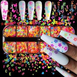 Holographic Nail Glitter Flakes, Fluorescent Nail Art Sequins Design, Mixed Love Heart Butterfly Flowers Letters Stars Circle Acrylic Nails Supplies for Women Girls Manicure Charms Decorations