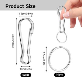 kclkda 50PCS 50MM Metal Flag Pole Clips with 30PCS Round Flat Key Chain Ring, Stainless Steel Lanyard Snap Spring Clips Hooks Heavy Duty for Fixing Flag Keychains Lanyards Banners Clotheslines Crafts