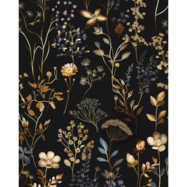 Vintage Black Gold Floral Peel and Stick Wallpaper 17.5" x 393" Dark Boho Leaf Colorful Contact Paper For Bathroom Bedroom Mural Cabinet Vinyl Waterproof Removable Farmhouse Art Dorm Renter Friendly