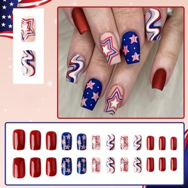 Independence Day Design Press on Nails Square Medium July 4th Stripes Stars Acrylic Fake Nails Water Ripple Full Coverage False Nails for Women Holiday Natural Matte Manicure Gift (24Pcs)