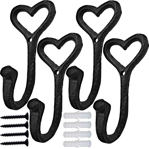 4pcs Heavy Duty Coat Hooks, Cast Iron Love Heart Shape