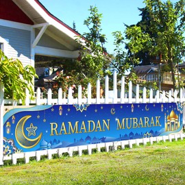 DPKOW Blue Ramadan Mubarak Banner Decoration, Long Fabric Ramadan Banner for Ramadan Decoration Eid Countdown, Elegant Ramadan Backdrop Outdoor Decoration, 270 * 40cm