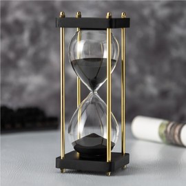 ELAINESTORE Hourglass Timer 60 Minute with Golden Pillars, Black Wooden Base Decorative Sand Timer (Black Sand, Large Size)