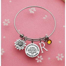 Eilygen Sunflower Bracelet Gift Initial Charm Bracelet 26 Letters Adjustable Bracelet for Women Encouragement Jewelry for Her (Sunflower Bangle R)