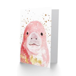 Artery8 Greeting Card Cute Baby Manatee Pink Gold Paint Splatter For Her Woman Birthday Card