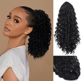 Drawstring Ponytail Extension 14 Inch Curly Ponytail for Black Women Synthetic Pony Tails Hair Extensions for Daily Use (1B#)