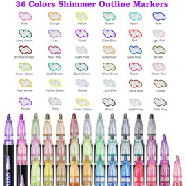 Muchcute Shimmer Markers Outline Glitter Gel Pens: 36 Stocking Stuffers Tween Teen Girl Gifts Trendy Stuff Cute Things Arts Crafts Supplies Kids Ages 4 5 6 7 8 9 10 12 14 16 18 Year Old Present Ideas