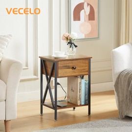 VECELO Nightstand, Bedside End Tables with Charging Station, USB Ports, Drawer Shelf Night Stand for Bedroom Living Room 1-Pack, Retro Brown