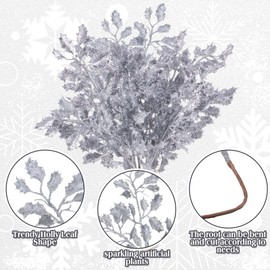Wavyknot 12 Pcs 23 Inch Large Christmas Glitter Leaves Artificial Holly Leaf Pick Bling Christmas Stem Xmas Tree Stick Leaf Spray Branch for Craft DIY Garland Wreath Holiday Decor, No Vase(Silver)