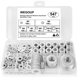 Stainless Steel Flat Washers Assortment, 18-8 (304) Stainless Steel Metric Washers, 547-Piece Set (M3, M4, M5, M6, M8, M10, M12) with Plastic Storage Case