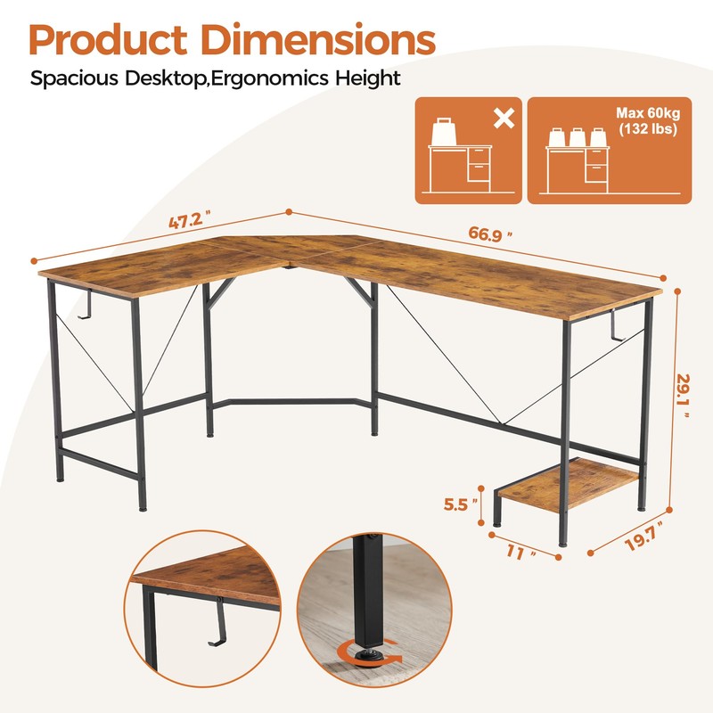 Mericonia L Shaped Desk,66 Inch,Corner Desk for Home Office,Computer Gaming
