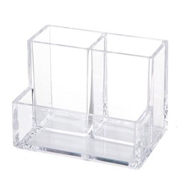 esowemsn 1PC Clear Acrylic Pen Holder Makeup Brush Scissors Organizer with Business Card Holder 3 Compartments Display Holder Office Bedroom Bathroom Vanity Organizer Accessories