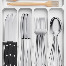 Silverware Drawer Organizer Tray, Plastic Cutlery Storage for Kitchen Drawer, Flatware and Utensil Holder Divider for Spoons Forks Knives Tableware, 5 Compartment, Black - Color: White