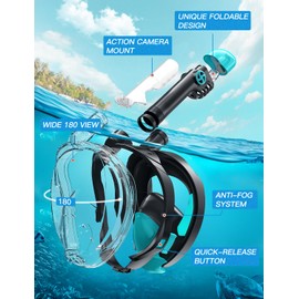 Full Face Snorkel Mask, Snorkeling Gear for Adults Diving Mask Anti Fog Premium Innovative Safety Breathing System, 180 Panoramic Foldable Anti Leak Swimming Mask with Detachable Camera Mount