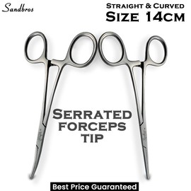 Sandbros 2X Hemostats Forceps, Dog Ear Hair Remover for Fish Unhooking and Jewellery Making.14cm Serrated Tip Tweezers for Dogs Ears, alligator forceps (Straight+Curved)