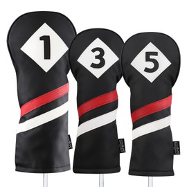 Majek Retro Golf Headcovers Black Red and White Vintage Leather Style 1 3 5 Driver and Fairway Head Covers Fits 460cc Drivers Classic Look