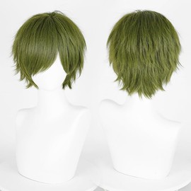 YEESHEDO Unisex Short Bob Anime Cosplay Green Wigs for Women Men Full Natural Layer Straight Fluffy Hair Costume Party Fancy Dress Wig (dark green)