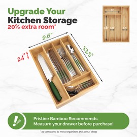 Pristine Bamboo Silverware Organizer– Utensil Organizer for Kitchen Drawers – Small Extra-Deep Wooden Kitchen Drawer Organizer Divider for Spoons Forks Knives cutleries - 5 Slots