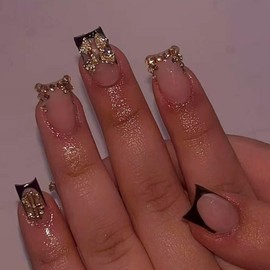 Black French Tips Press on Nails Medium Square False Nails with 3D Gold Bow Dollar Charm Design Rhinestone Fake Nails Skin Tones Glue on Nails Glossy Summer Stick on Nails for Women Manicure 24Pcs