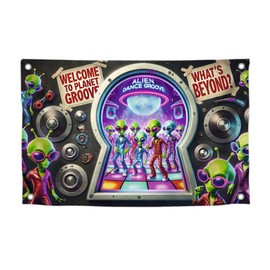 3x5 Feet Meme Alien Flag with Quote "Welcome To Planet Groove" with Four Brass Grommets - Polyester Cool Decorative Wall Flags for Living Rooms - Single Sided Party Banners for Room Dorm College